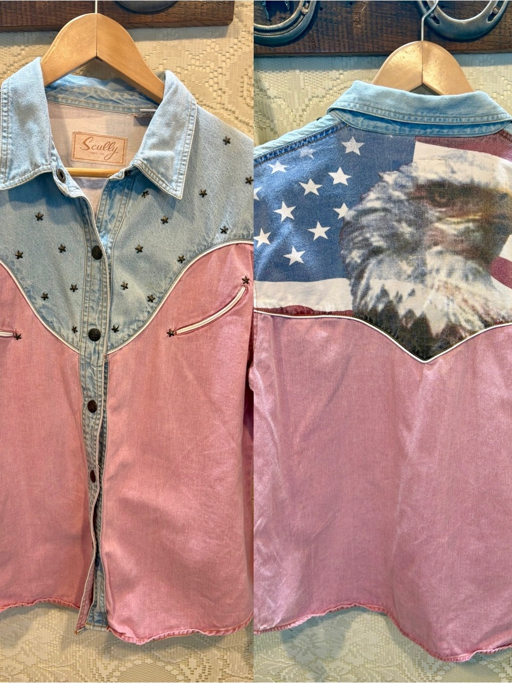 Scully Pink and Light Blue Western Shirt with Eagle Flag Back